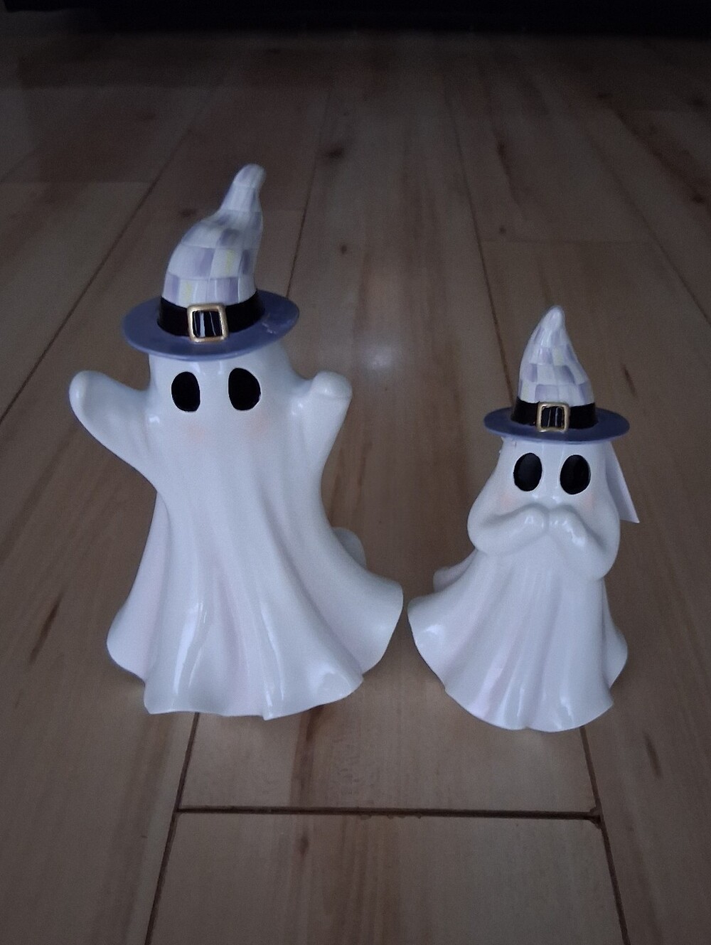 MacKenzie Childs Ghost Figurines with Violet Check Hats ~ Halloween Home Accent